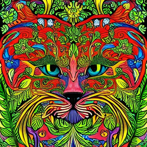 Prompt: colourful ornate decorative green man as a cat face by louis wain and william morris, closeup, twisting leaves, abstract psychedelic, 8 k, artstation