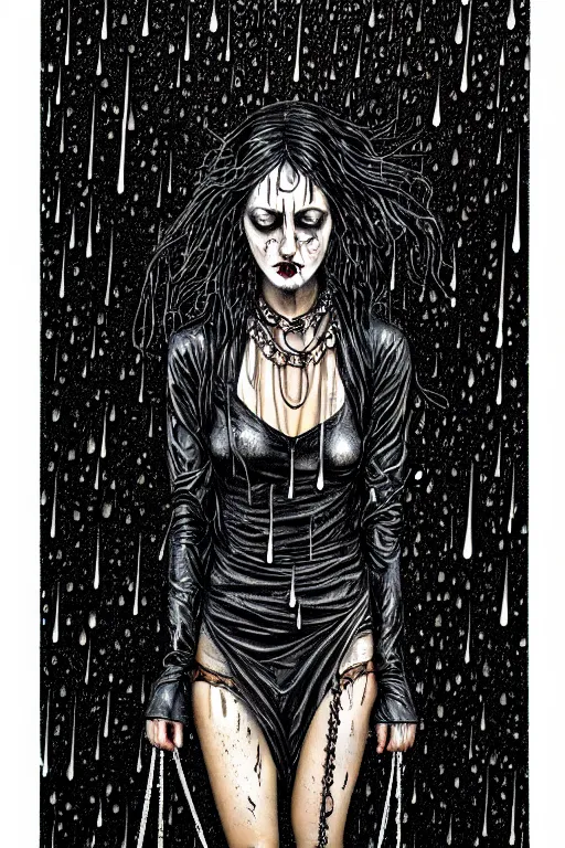 Prompt: crying gothic girl with smoky eyes, black leather slim dress, chains, strong rain night, beautiful body, detailed acrylic, grunge, intricate complexity, by dan mumford and by alberto giacometti, peter lindbergh