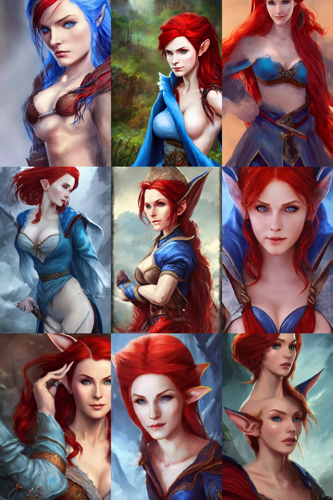 Prompt: in the style of matte with heavy brush strokes : alluring highly detailed closeup matte painting portrait of beautiful elf ( triss from witcher 3 ) pointed ears flowing red hair wearing chesty fantasy outfit and a blue cloak, very detailed, realistic, manga, by stanley artgerm lau, concept art