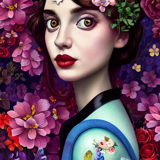 Image similar to Lofi portrait in a flower garden, Pixar style by Tristan Eaton and Stanley Artgerm and Tom Bagshaw and Tim Burton