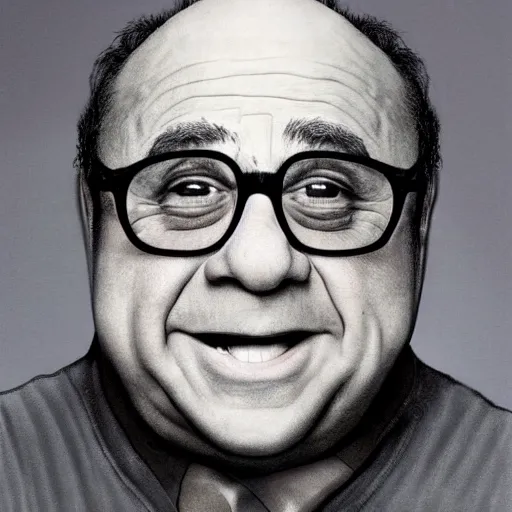 Prompt: photorealistic portrait of danny devito, very blurry, out of focus, translucent stone white skin, closed eyes, foggy, closeup, ( ( ( ( thin neck ) ) ) )
