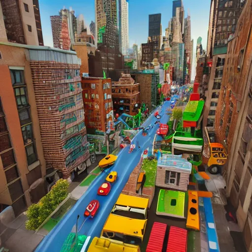 Image similar to ( ( new york ) ) made of kid's toys!!!!, amazing details, atmospheric, 4 k, aesthetic octane render, street view, warm hue's