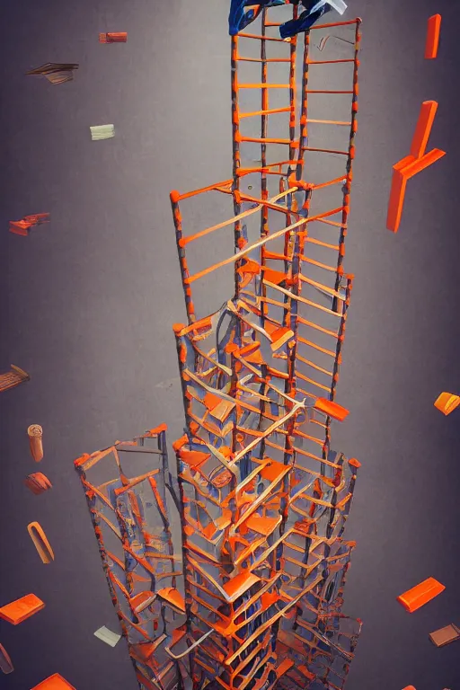 Image similar to elaborate surreal upside-down tower of bookshelves and ladders coming down from the skies, concept art, red and orange coloring, 4k