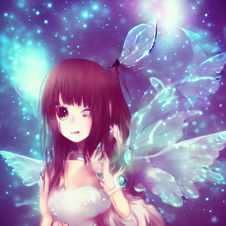 Image similar to cute, full body, female, anime style, a cat girl with fairy wings, large eyes, beautiful lighting, sharp focus, simple background, creative, heart effects, filters applied, illustration