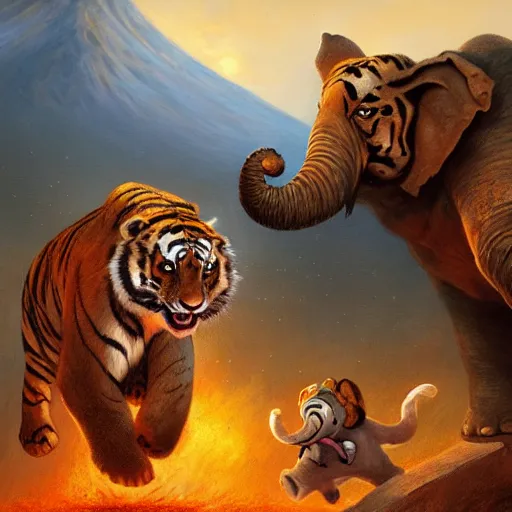 Prompt: a tiger, an elephant and a rabbit running away from a volcano by justin gerard, deviantart