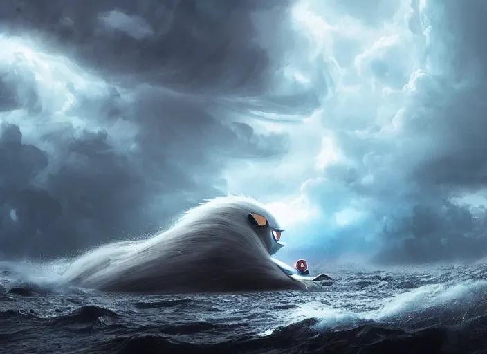 Image similar to wild ocean storm at night, a giant Sonic the Hedgehog emerging from water, dramatic lighting, cinematic, establishing shot, extremly high detail, foto realistic, cinematic lighting, post processed, concept art, artstation, matte painting, style by eddie mendoza, raphael lacoste, alex ross