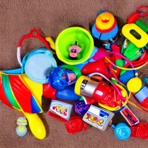 Image similar to photograph of various kid toys on the carpet, hyperrealism, photo realistic