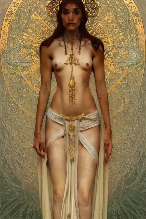 Image similar to a full body portrait of a beautiful ethereal delicate babylonian mage queen meditative sacral pose catholic stages of the cross, intricate, elegant, highly detailed, digital painting, artstation, concept art, smooth, sharp focus, illustration, art by krenz cushart and artem demura and alphonse mucha