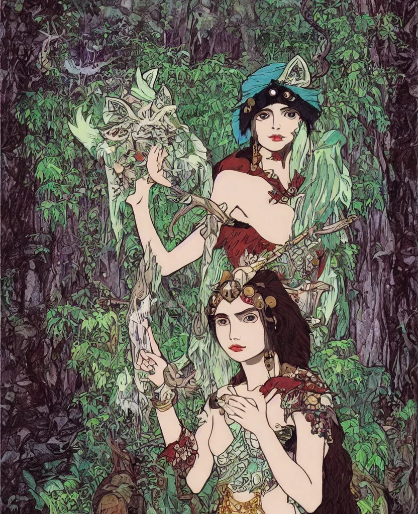 Image similar to portrait of Princess Mononoke wearing her mask, lush forest landscape, style Mucha, gems and gold, waterfalls, denoised, sharp,