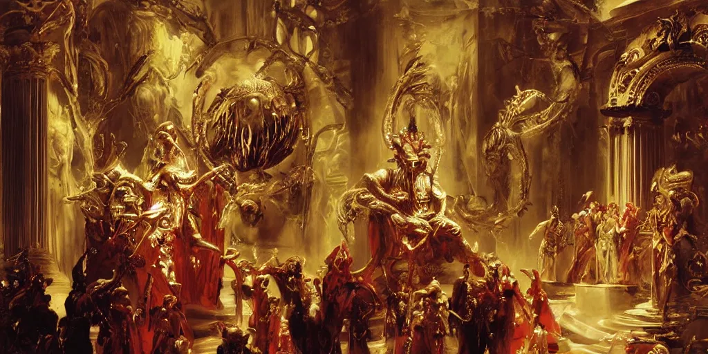 Image similar to beautiful oil painting, high details, alien in royal crimson robes enthroned as the alien god emperor of ancient civilization surrounded by servants in gilded halls a golden wreath upon his head, by anders zorn, wonderful masterpiece by greg rutkowski, beautiful cinematic light, american romanticism, by giger, rolf armstrong, ernie barnes