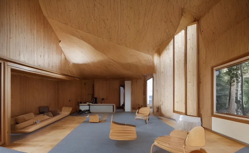 Image similar to luxurious wooden cottage by alvar aalto, modern japanese living room, japanese flower arrangements, coherent composition, architecturally accurate, architecture photography