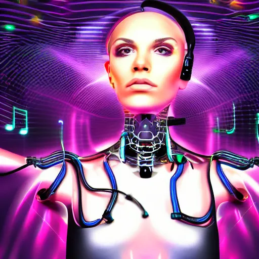 Image similar to art of female cyborg playing techno music, choker, wires, trippy space background, realistic