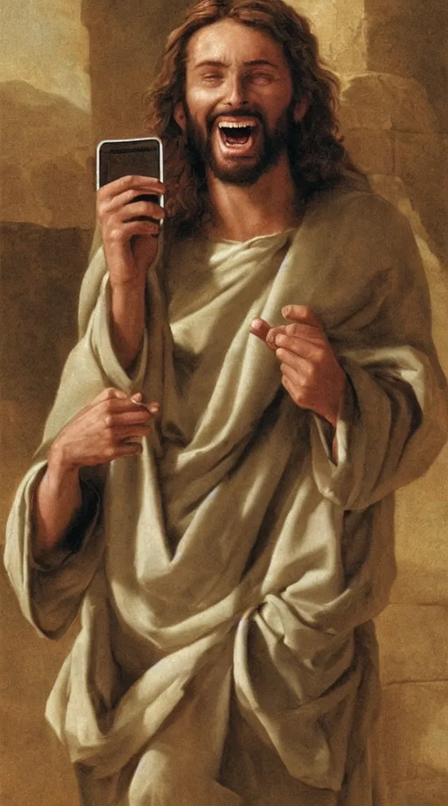 Prompt: portrait of one Jesus laughin because see a meme in him cellphone, no letters, one person