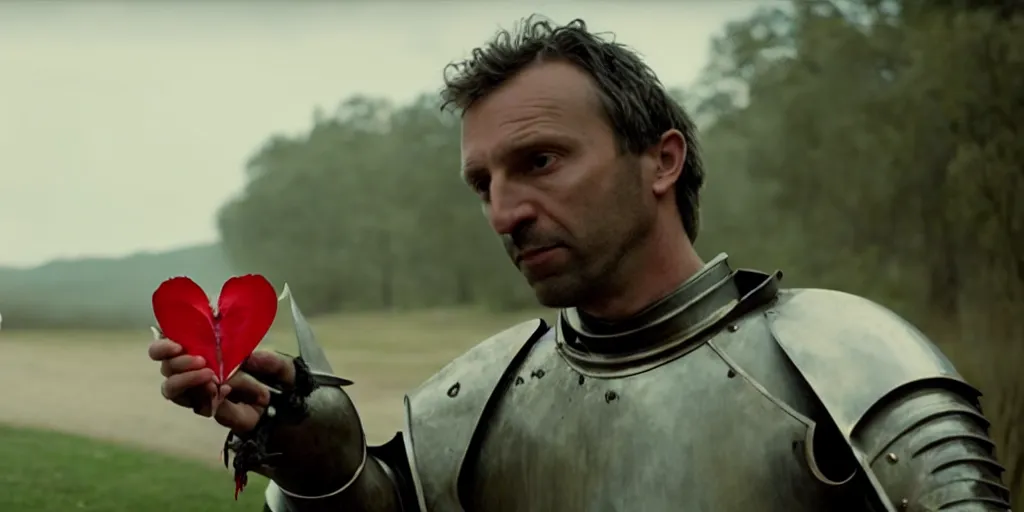 Image similar to film still of closeup the knight holds a bleeding heart in his hand by emmanuel lubezki