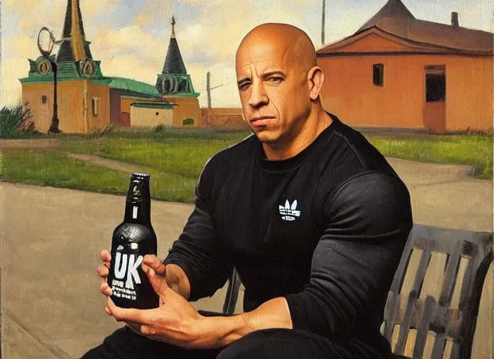 Prompt: vin diesel in black adidas sport costume, as gopnik character, sitting on a bench with a big bottle of beer and a smartphone, in the courtyard of a provincial russian town, intricate, oil on canvas, naturalism