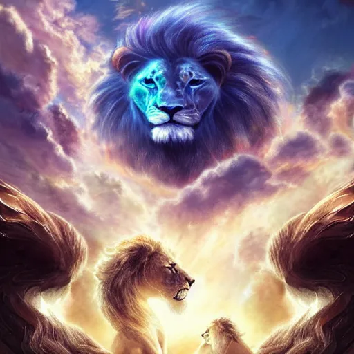 Image similar to the ancient world, hyper complexity, highly detailed, cinematic lighting, pastel colored sunrise, flying robotic lions with gold metal huge wings on its back in the cloudy sky, sharp outlines, complete whole lion body, another sleeping lion face in the clouds watching each other, hyperrealistic, trending on pixiv fanbox, love death robot,