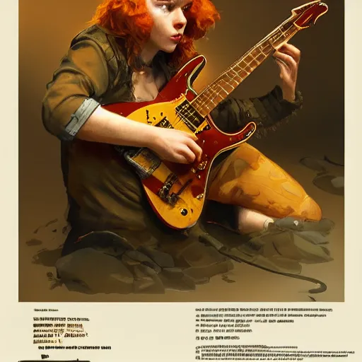 Image similar to a ginger hardrocker cat playing electric guitar, cinematic lighting, highly detailed, digital painting, artstation, concept art, smooth, sharp focus, illustration, art by Terry Moore and Greg Rutkowski and Alphonse Mucha