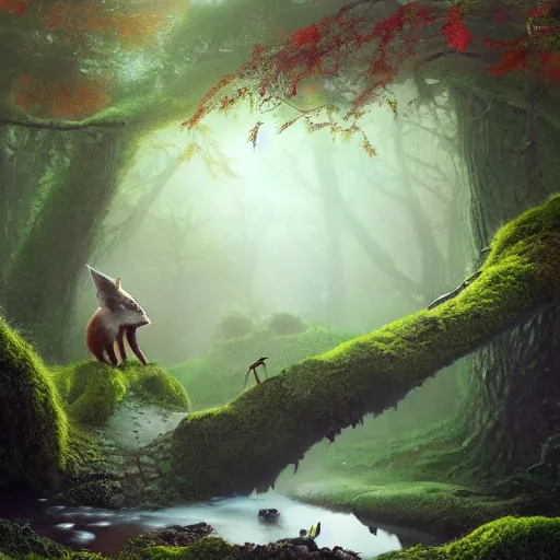 Image similar to soft painting render curiosities alien pond vegetation rocks, beautiful action shot fox covered moss scintillating, accurate features, focus, very intricate ultrafine details, random volumetric lighting, dense fog, award winning masterpiece, octane render 8 k hd, artstation, tom bagshaw