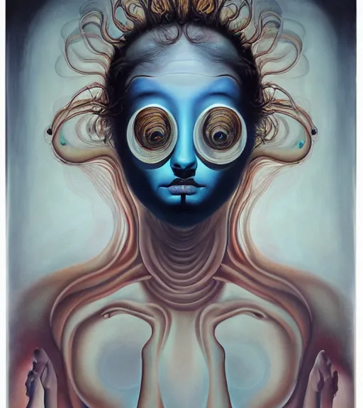 Prompt: strange surrealist, looming, biomorphic portrait of a woman with large eyes painted by dali, marco mazzoni, james jean, charlie immer and jenny saville, fluid acrylic, airbrush art, timeless disturbing masterpiece