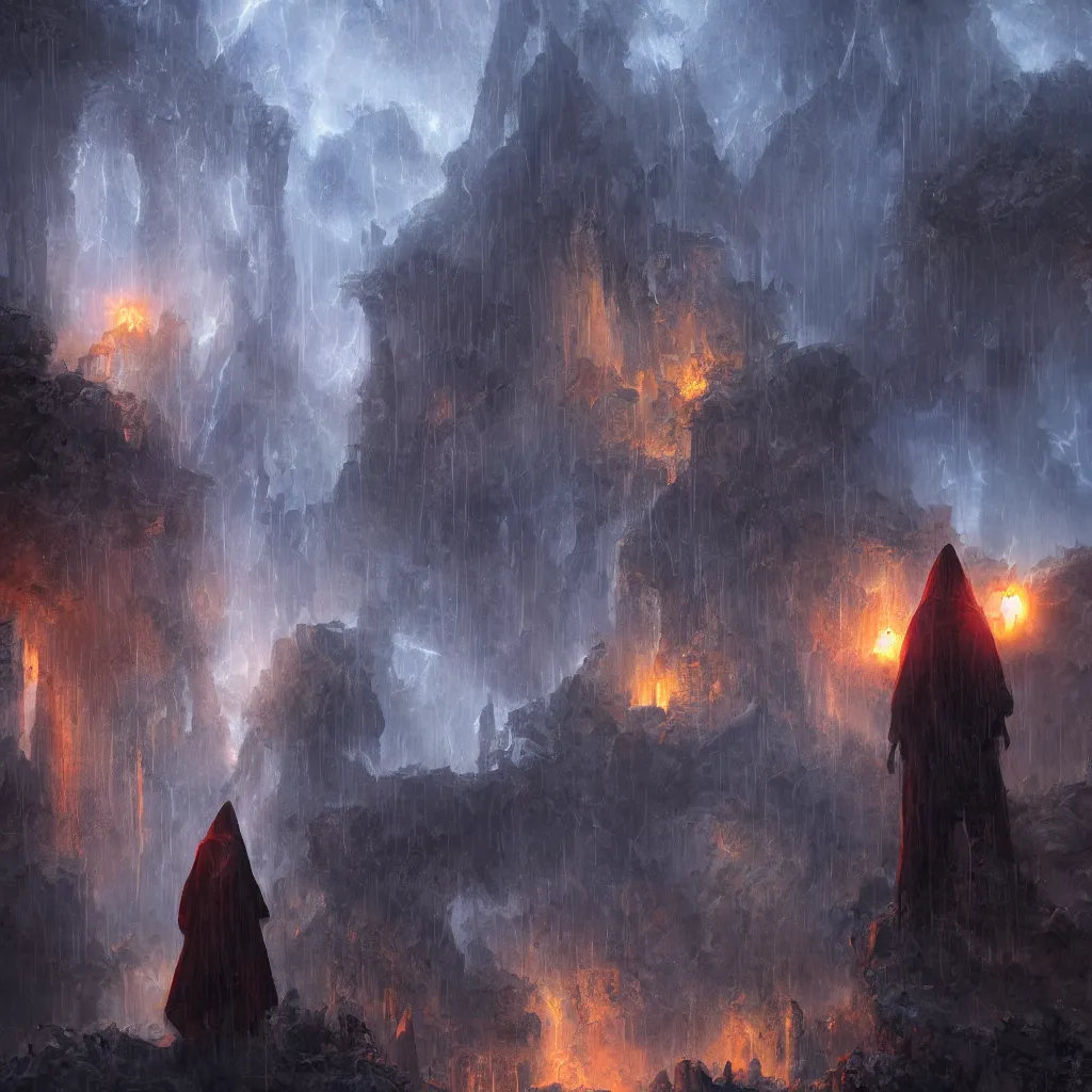 Image similar to a still of a cloaked figure standing in the ruins of crux prime, bree, lantern - lit town, there is lightning, blue fiery maelstrom in the distance, it is raining, digital art, artstationhq