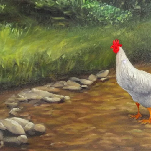 Prompt: a chicken next to a stream oil painting