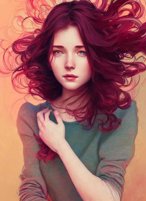 Image similar to handsome young women with shoulder length red hair, half body shot, path traced, highly detailed, high quality, digital painting, alena aenami, lilia alvarado, shinji aramaki, karol bak, alphonse mucha, tom bagshaw