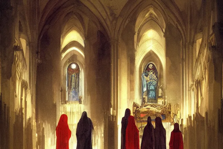 Prompt: inside the sepulchre, dark scene, light coming in from the left, steps leading down, 3 marys crouching in colored robes at the tomb | medium close | triangle composition, by artgerm, greg rutkowski, rubens, alphonse mucha