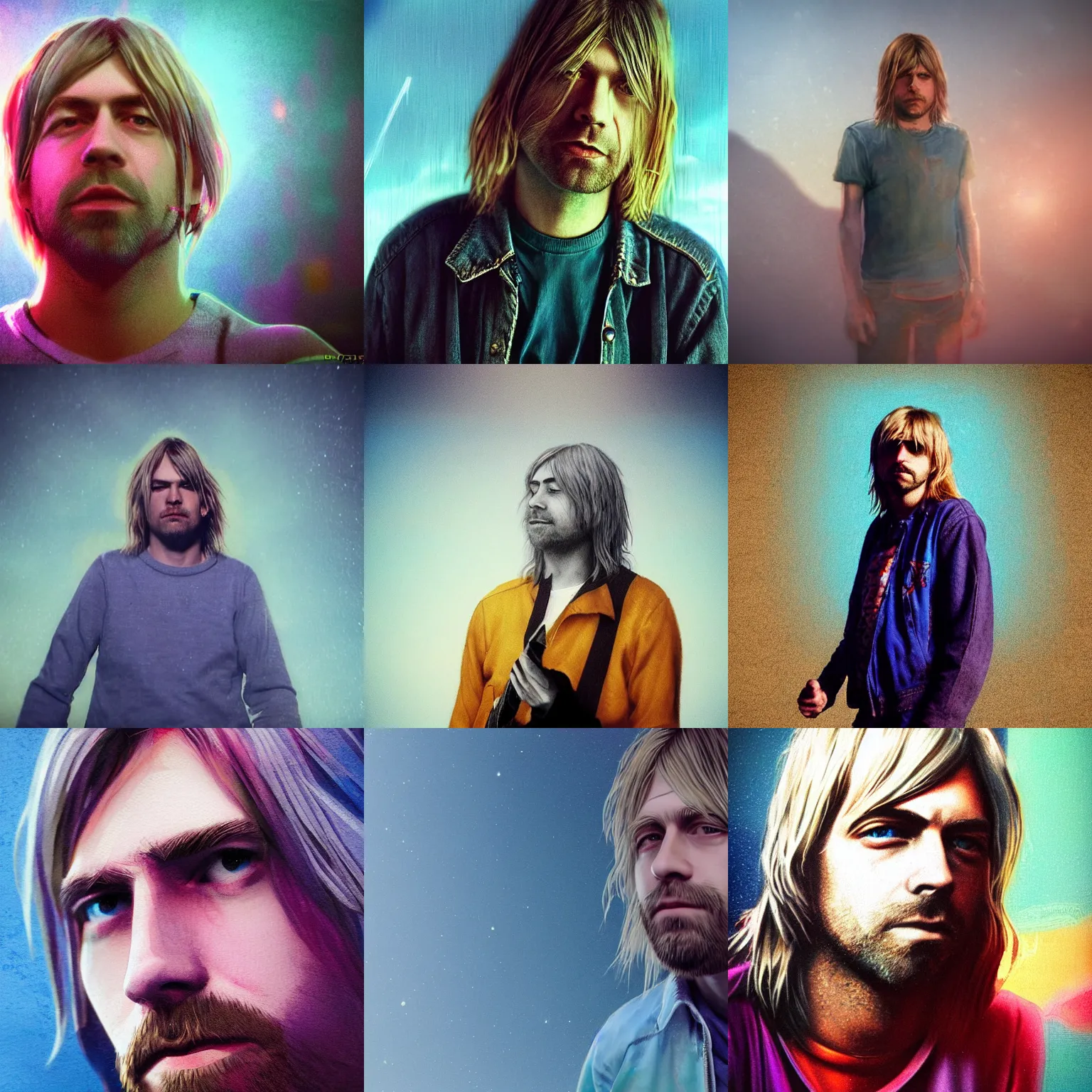Prompt: ( ( ( ( ( distant portrait of kurt cobain from nirvana on a blue planet where it rains colors. ) ) ) ) ) by bayard wu, fantasy, photorealistic, octane render, unreal engine, dynamic lighting, trending on artstation, poster, volumetric lighting, very detailed faces, 4 k, award winning