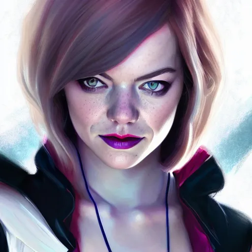 Image similar to beautiful Emma Stone as Spider-Gwen, western, closeup, D&D, fantasy, intricate, elegant, highly detailed, digital painting, artstation, concept art, matte, sharp focus, illustration, art by Artgerm and Greg Rutkowski and Alphonse Mucha