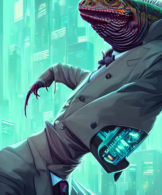 Prompt: a portrait of an anthropomorphic iguana wearing a suit, cyberpunk!, fantasy, elegant, digital painting, artstation, concept art, matte, sharp focus, illustration, art by josan gonzalez