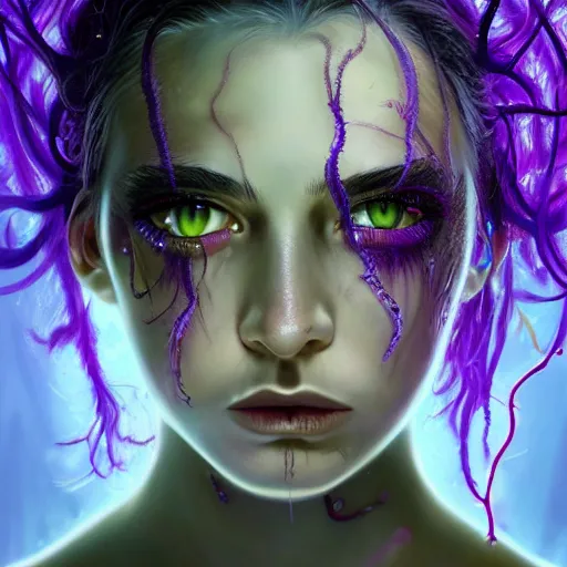 Image similar to detailed photo portrait of a furious teen girl with thin, hair-like purple tentacles on her head and bright purple eyes, 8k,by tristan eaton, Stanley Artgermm,Tom Bagshaw,Greg Rutkowski,Carne Griffiths,trending on DeviantArt, face enhance,hyper detailed ,full of colour, dramatic lightning