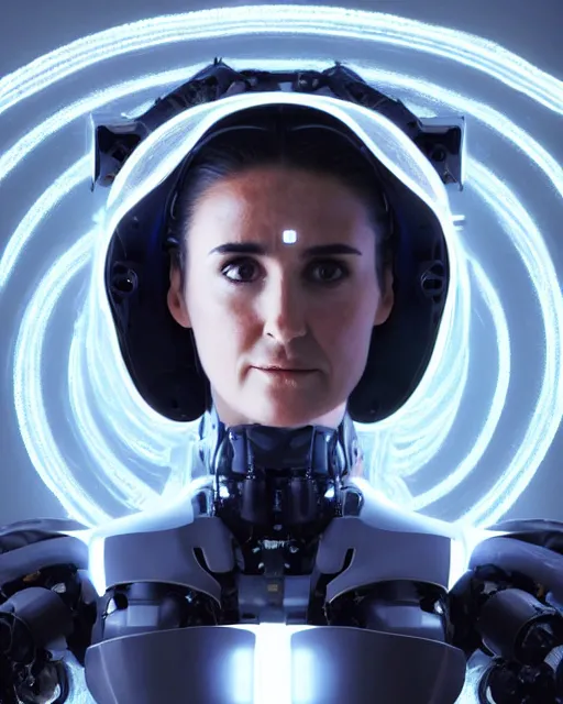 Prompt: centered portrait of soulful young demi moore as a solarpunk mecha humanoid robotic parts with bright led lights, real human face, pudica gesture bouguereau style, in white room, ultra - realistic and intricate, soft portrait shot 8 k