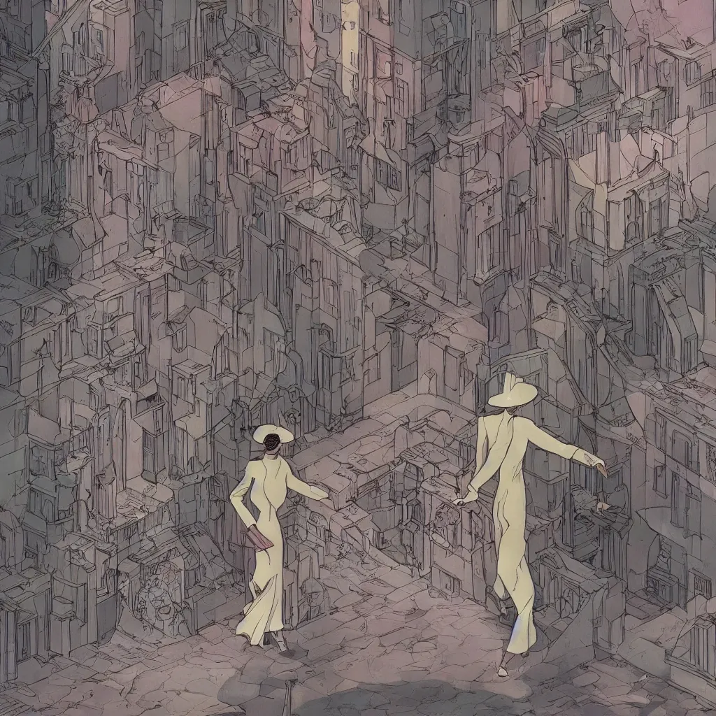 Prompt: an elegant full-length moebius-style woman walks through a surreal city