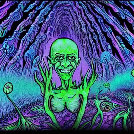 Prompt: Joe Rogan and Aliens tripping on psychedelic mushrooms, hyperdetailed, realistic, nature