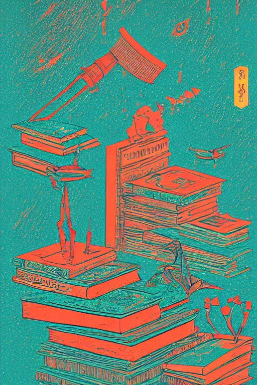 Image similar to books and pencil, style of kilian eng, light, simple, Illustration, woodblock print