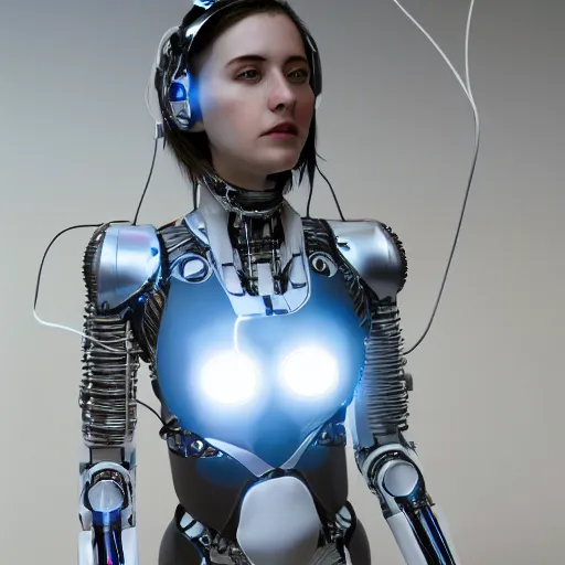 Image similar to a beautiful woman wearing robot suit with wires and light, highly detailed, photorealistic, artstation, smooth