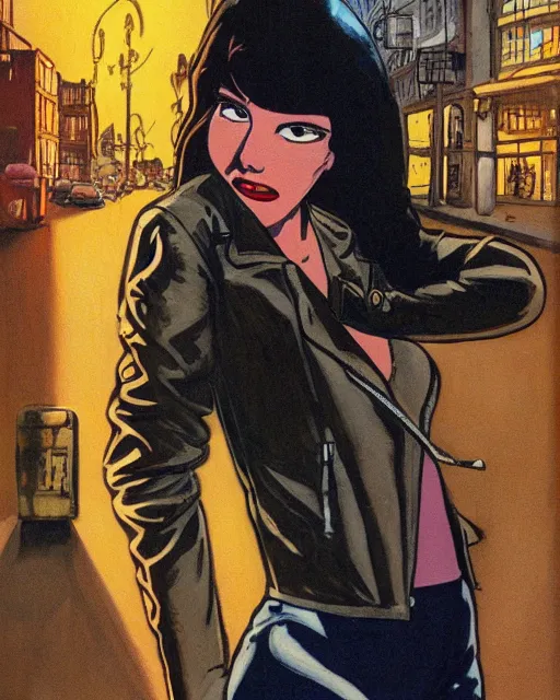 Image similar to young female protagonist in leather jacket, city street, artwork by ralph bakshi