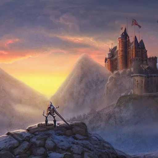 Prompt: a sword sticking out of the ground, a castle in the background, sunset, snow, matte painting, frank frazzetta