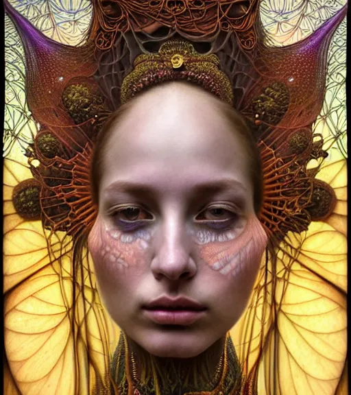 Prompt: detailed realistic beautiful young groovypunk queen of andromedae galaxy in full regal attire. face portrait. art nouveau, symbolist, visionary, baroque, giant fractal details. horizontal symmetry by zdzisław beksinski, iris van herpen, raymond swanland and alphonse mucha. highly detailed, hyper - real, beautiful