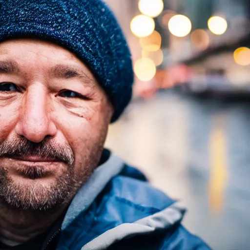 Image similar to closeup portrait of a man fishing in a rainy new york street, photography, detailed face, natural light, ƒ1.8, 35mm