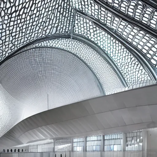 Prompt: stunning beautiful futuristic museum interior by Coop Himmelblau, Zaha Hadid, dragonfly wings pattern