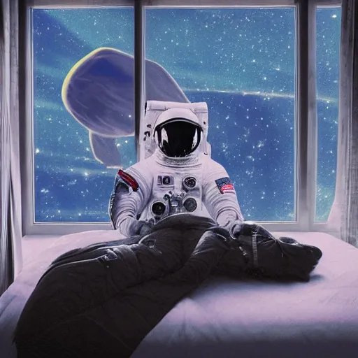 Image similar to astronaut sitting in a cheap hotel room, digital art, epic composition, highly detailed, cinematic lighting