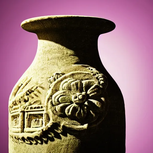 Image similar to studio photo of a ceramic vase, in the shape of an ancient greek temple. with flowers. baroque details. museum. close up photo. bokeh. photorealistic, ultra detailed.