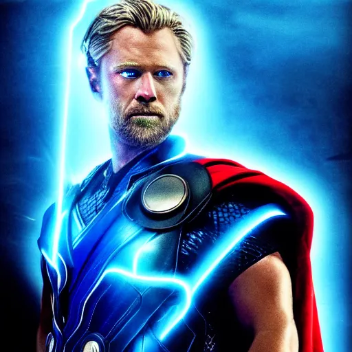 Prompt: thor the avenger with blue neon light