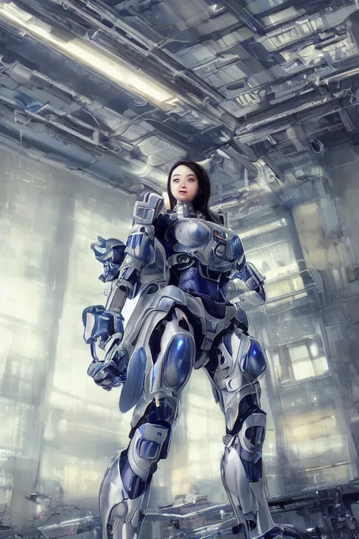 Image similar to a young attractive Asian woman wearing mecha armor inside a sci-fi hangar, dramatic pose, chrome, blue LEDs, wires and cables, highly detailed, photorealistic, volumetric lighting, digital art, octane render, in the style of Artgerm and Tom Bagshaw