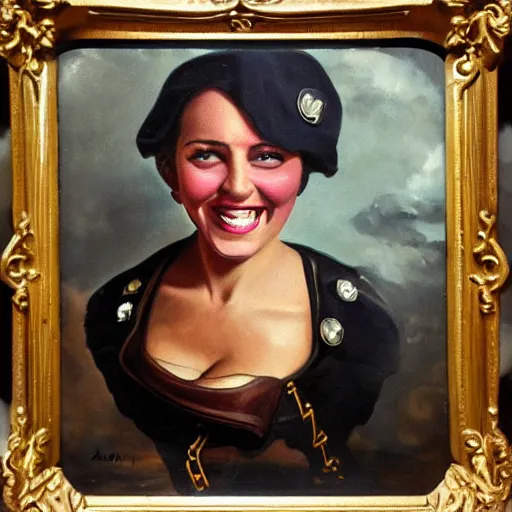 Prompt: oil painting, laughing, happy, beautiful, intelligent, tanned, female pirate captain 2 8 years old, 1 9 4 0 s haircut, fully clothed, wise, beautiful, masterful 1 8 0 0 s oil painting, dramatic lighting, sharp focus
