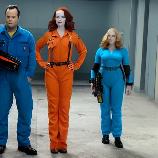 Image similar to vince vaughn as jack fenton, he is wearing an orange coveralls bodysuit with a big sci - fi gun belt, and christina hendricks as maddie fenton, she is wearing a tight teal coveralls bodysuit with a big sci - fi gun belt, movie photo, spooky netflix still shot, they are looking for ghosts