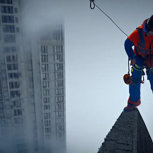 Image similar to rope access technician, extreme cold, cloudy weather, octane render, volumetric lightning hyperrealism, no blur, 4 k resolution, ultra detailed
