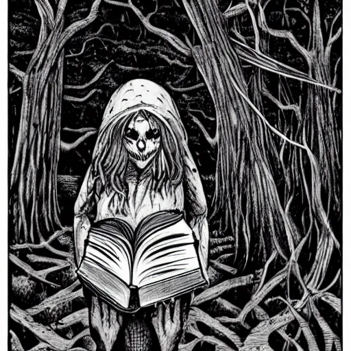 Prompt: a creepy cryptic in the woods holding a book, dark horror art, scary woods