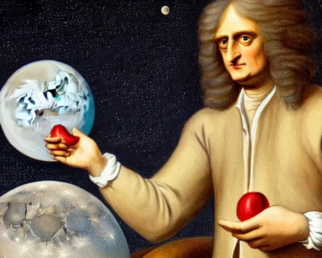 Image similar to isaac newton holding an apple in his hands and looking at the moon